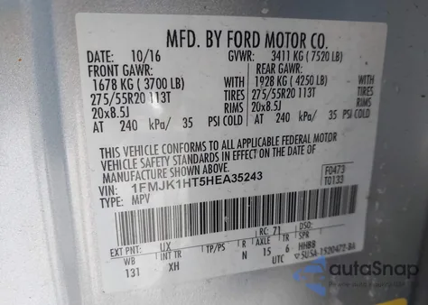 2017 Ford Expedition El Xlt из США, поврежденный, VIN 1FMJK1HT5HEA35243